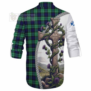 Abercrombie Tartan Ghillie Kilt Shirt with Family Crest and St. Andrew's Cross Accented by Thistle Vines