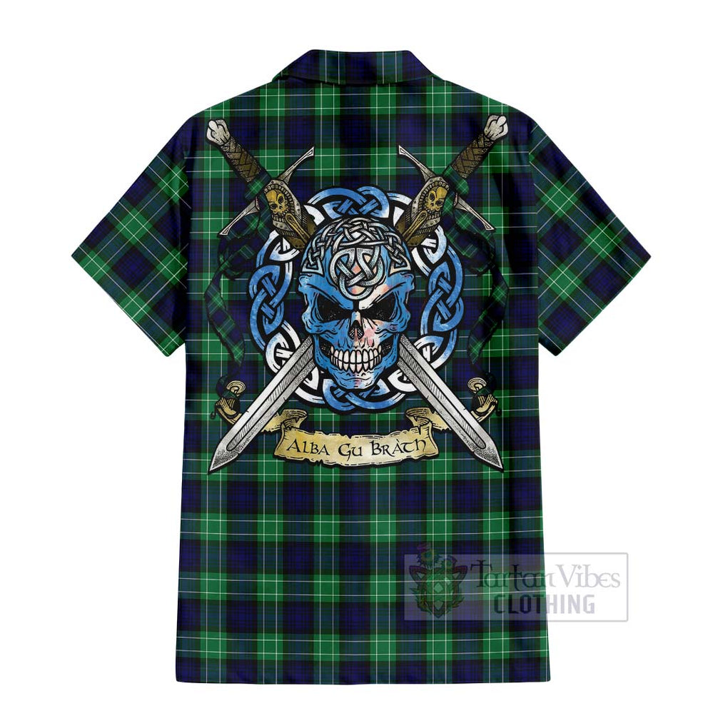 Tartan Vibes Clothing Abercrombie Tartan Short Sleeve Button Shirt with Family Crest Celtic Skull Style