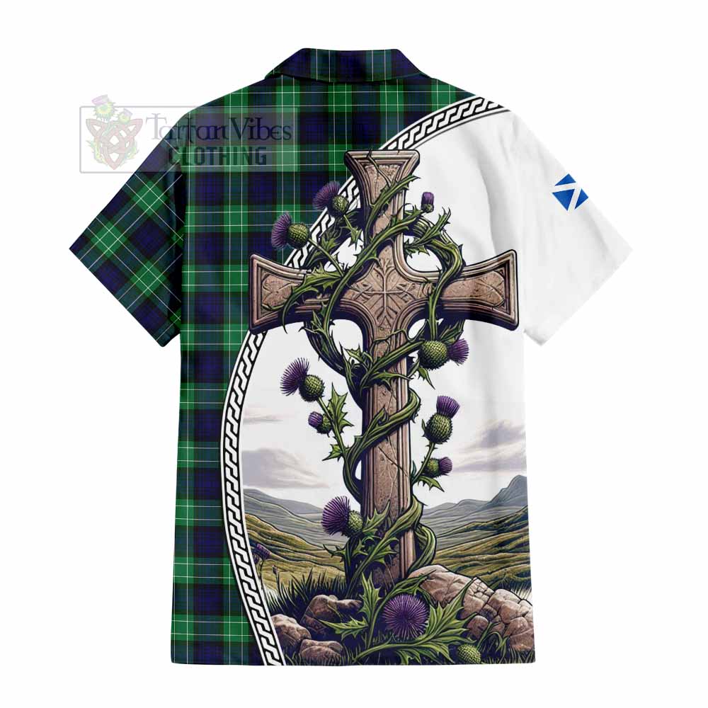 Tartan Vibes Clothing Abercrombie Tartan Short Sleeve Button Shirt with Family Crest and St. Andrew's Cross Accented by Thistle Vines