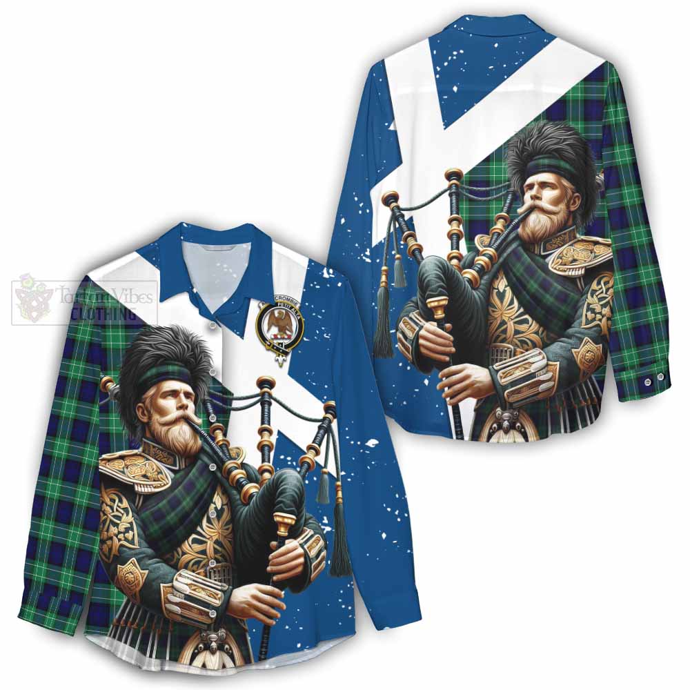 Tartan Vibes Clothing Abercrombie Tartan Women's Casual Shirt with Family Crest Scottish Bagpiper Vibes