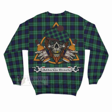 Abercrombie Tartan Sweatshirt with Family Crest and Bearded Skull Holding Bottles of Whiskey