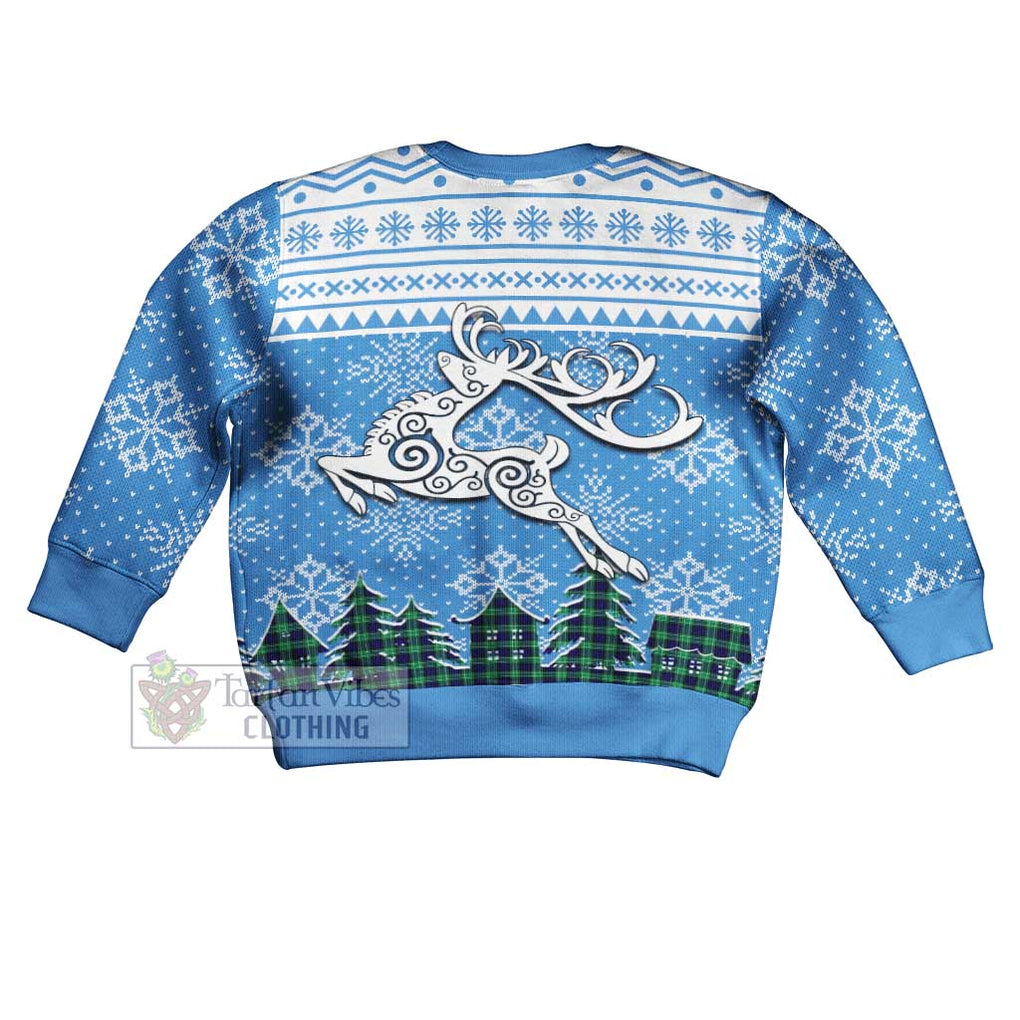 Tartan Vibes Clothing Abercrombie Clan Christmas Kid Ugly Sweater with Tartan and Celtic Raindeer Style