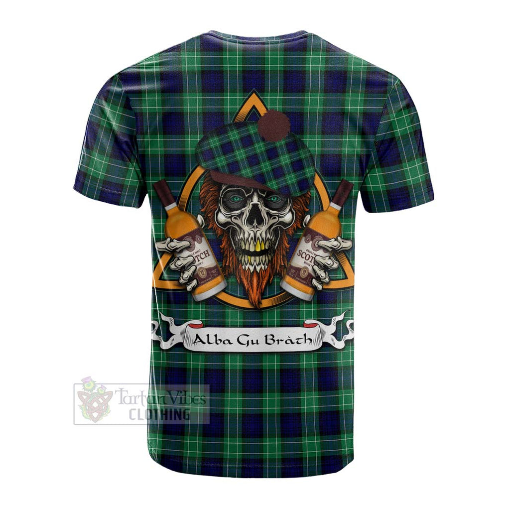 Tartan Vibes Clothing Abercrombie Tartan Cotton T-shirt with Family Crest and Bearded Skull Holding Bottles of Whiskey