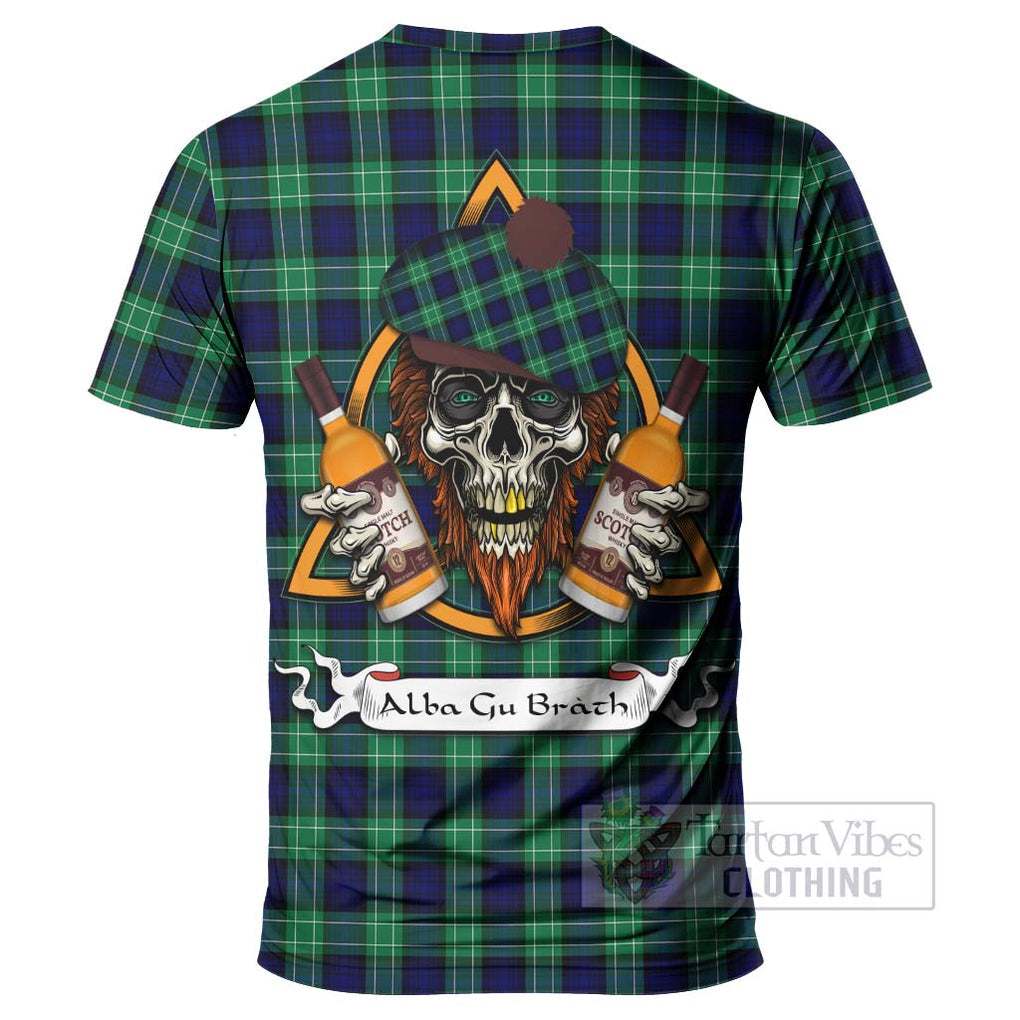 Tartan Vibes Clothing Abercrombie Tartan T-Shirt with Family Crest and Bearded Skull Holding Bottles of Whiskey