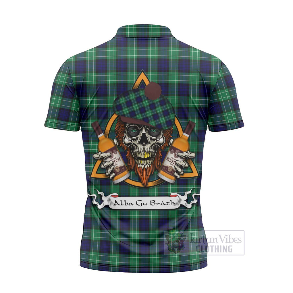 Tartan Vibes Clothing Abercrombie Tartan Zipper Polo Shirt with Family Crest and Bearded Skull Holding Bottles of Whiskey