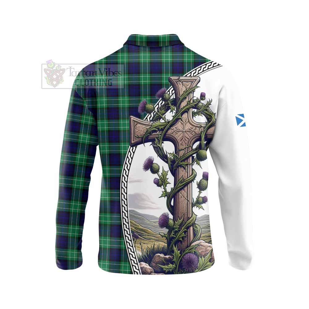 Tartan Vibes Clothing Abercrombie Tartan Long Sleeve Polo Shirt with Family Crest and St. Andrew's Cross Accented by Thistle Vines