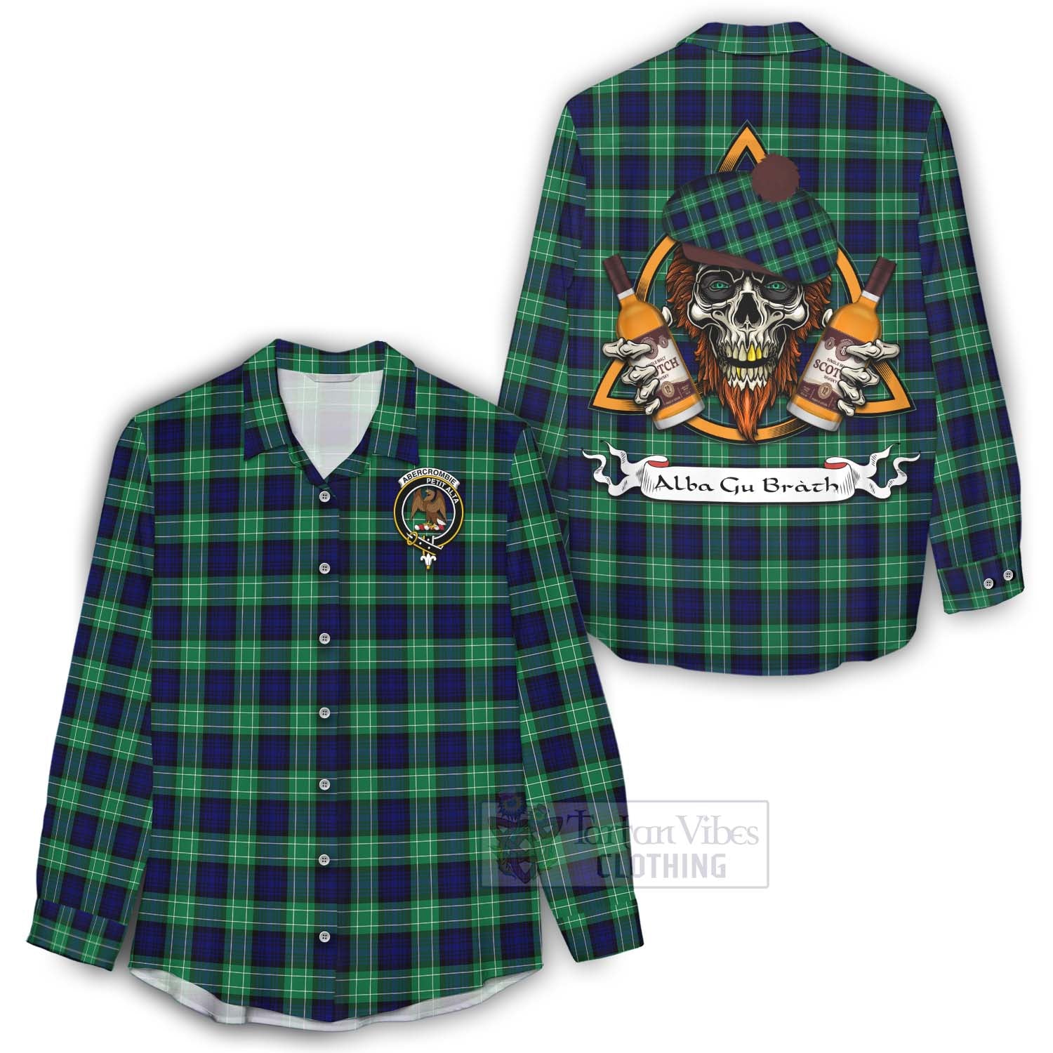 Tartan Vibes Clothing Abercrombie Tartan Women's Casual Shirt with Family Crest and Bearded Skull Holding Bottles of Whiskey