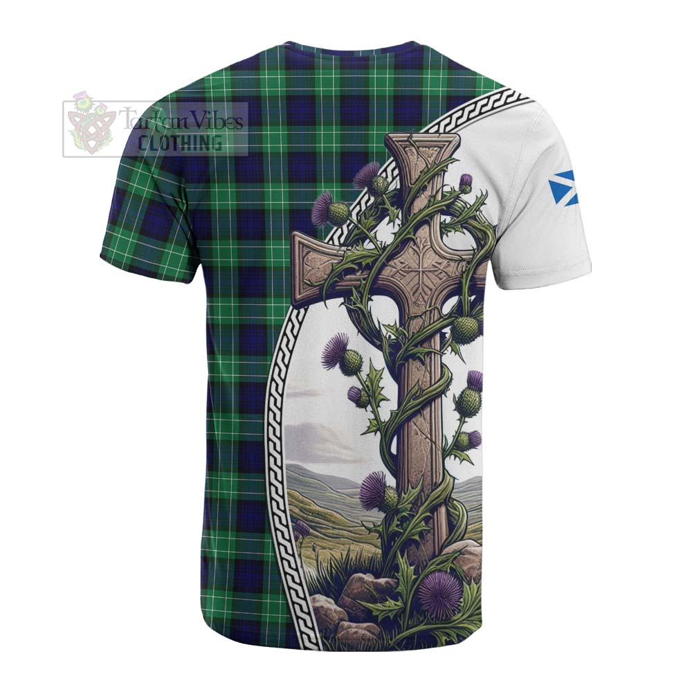 Tartan Vibes Clothing Abercrombie Tartan Cotton T-shirt with Family Crest and St. Andrew's Cross Accented by Thistle Vines