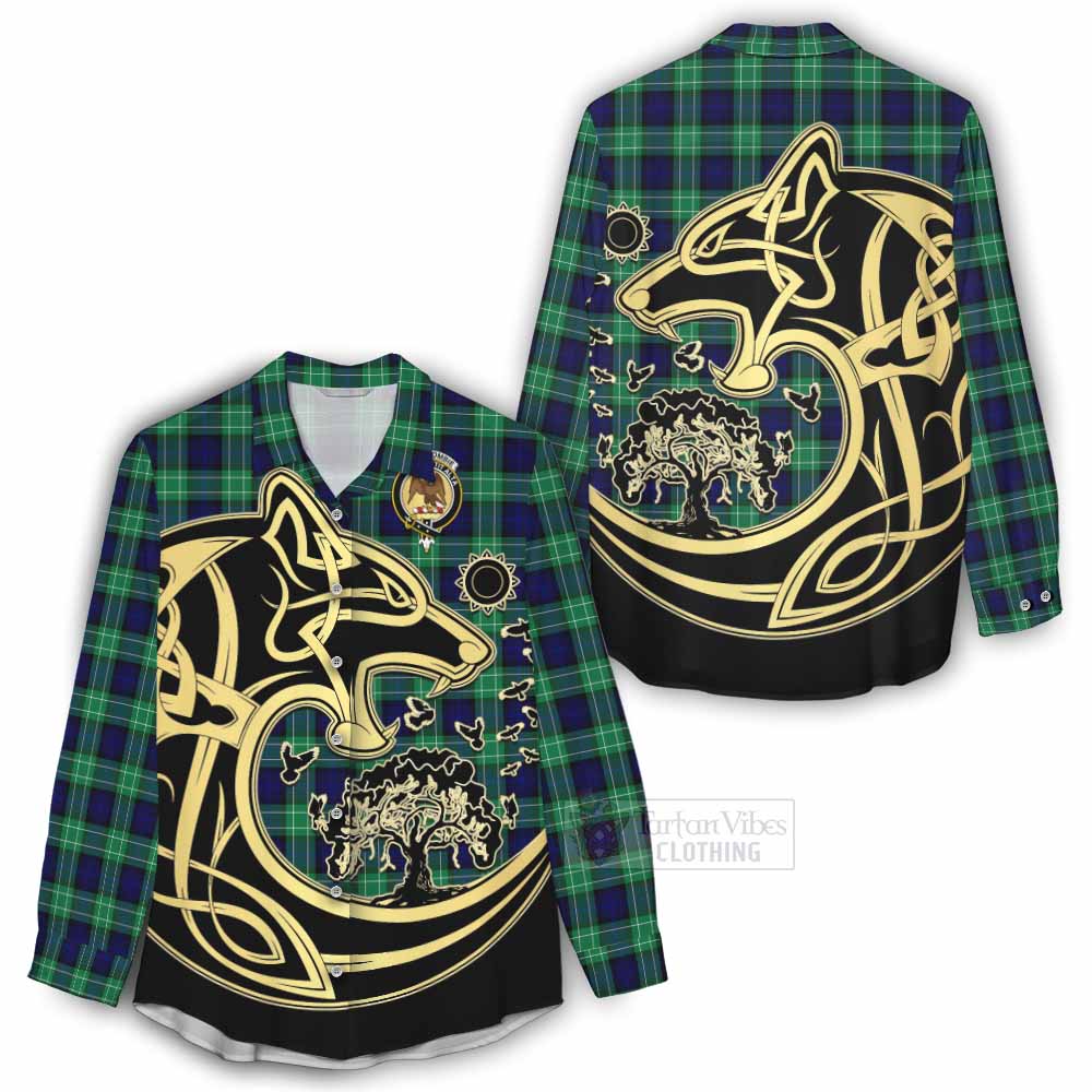 Tartan Vibes Clothing Abercrombie Tartan Women's Casual Shirt with Family Crest Celtic Wolf Style