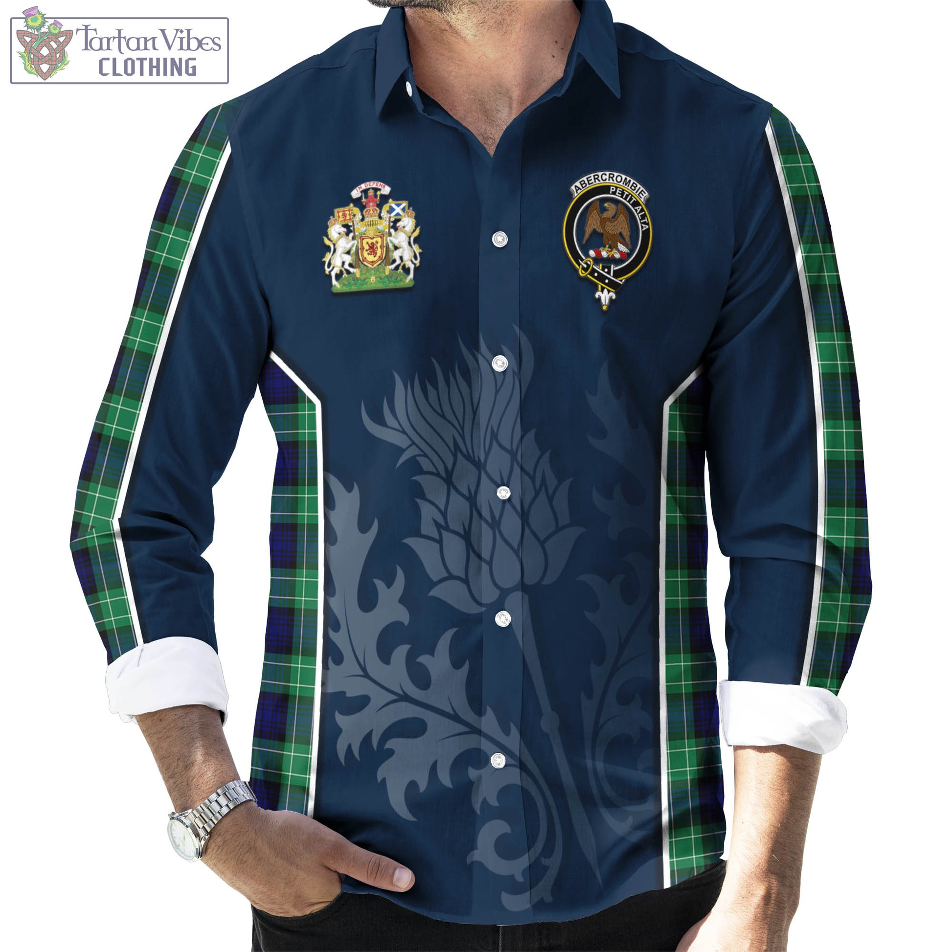 Tartan Vibes Clothing Abercrombie Tartan Long Sleeve Button Up Shirt with Family Crest and Scottish Thistle Vibes Sport Style