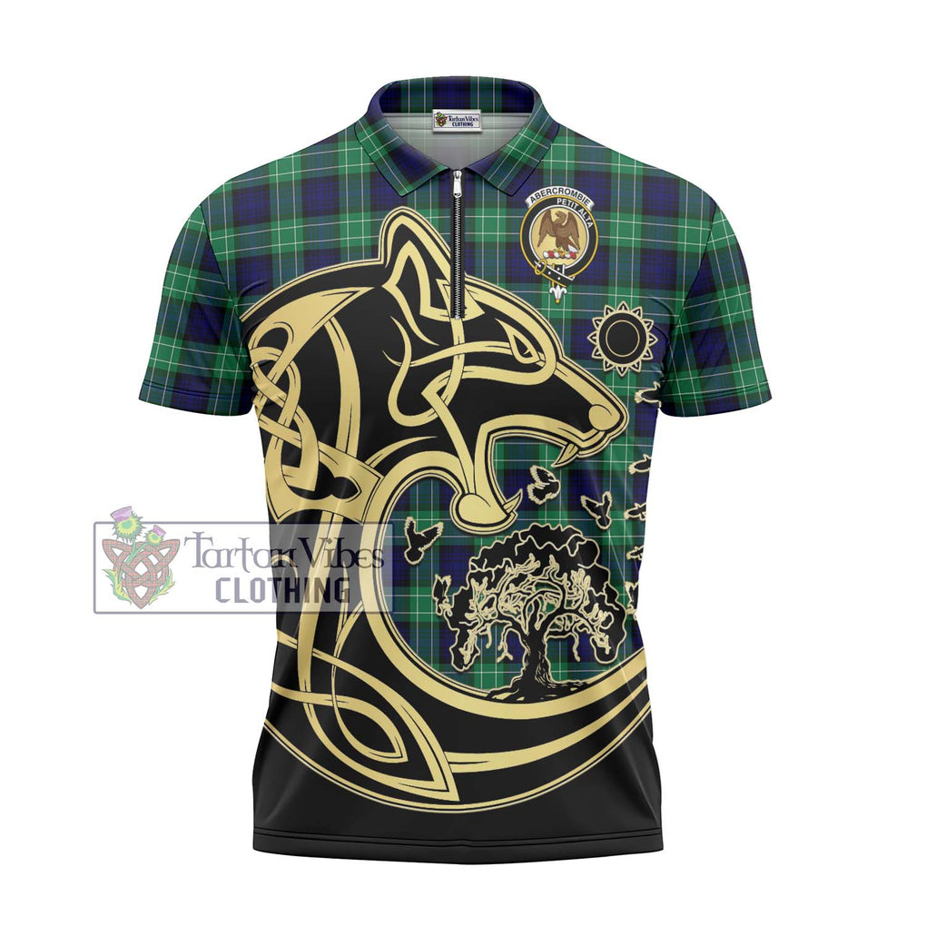 Abercrombie Tartan Zipper Polo Shirt with Family Crest Celtic Wolf Style - Tartanvibesclothing Shop