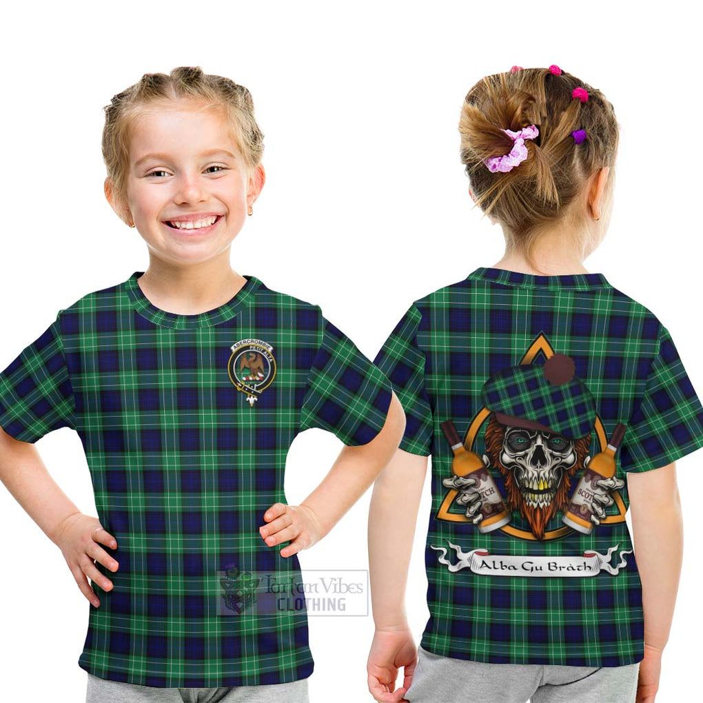 Tartan Vibes Clothing Abercrombie Tartan Kid T-Shirt with Family Crest and Bearded Skull Holding Bottles of Whiskey