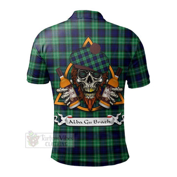 Abercrombie Tartan Polo Shirt with Family Crest and Bearded Skull Holding Bottles of Whiskey