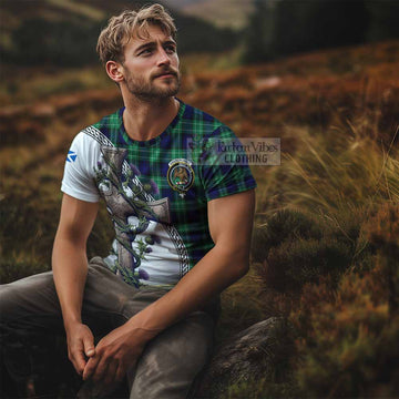 Abercrombie Tartan T-Shirt with Family Crest and St. Andrew's Cross Accented by Thistle Vines