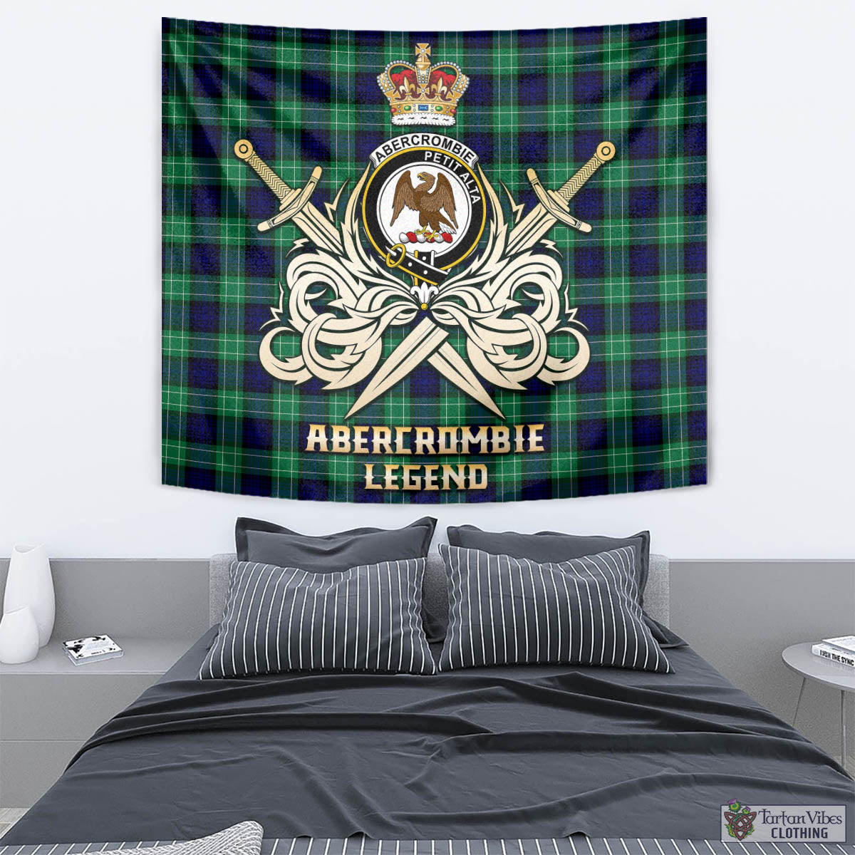 Tartan Vibes Clothing Abercrombie Tartan Tapestry with Clan Crest and the Golden Sword of Courageous Legacy