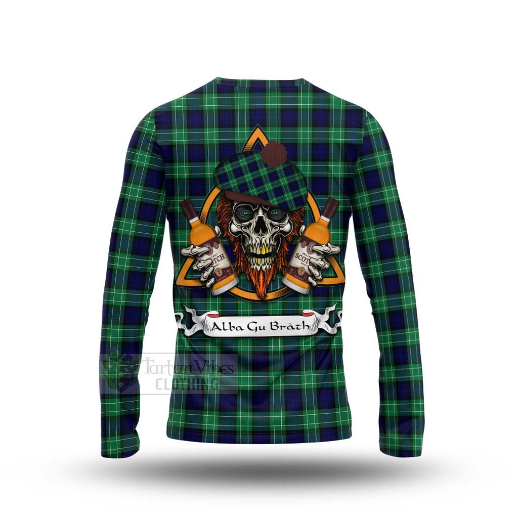 Tartan Vibes Clothing Abercrombie Tartan Long Sleeve T-Shirt with Family Crest and Bearded Skull Holding Bottles of Whiskey