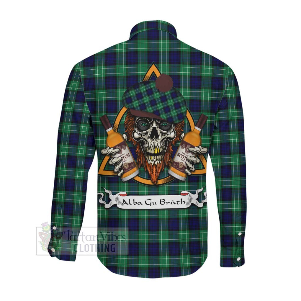 Tartan Vibes Clothing Abercrombie Tartan Long Sleeve Button Shirt with Family Crest and Bearded Skull Holding Bottles of Whiskey