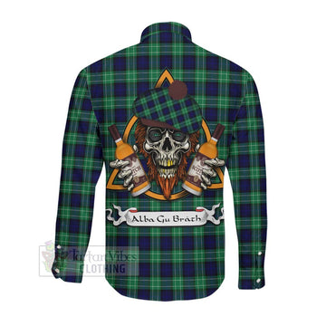 Abercrombie Tartan Long Sleeve Button Shirt with Family Crest and Bearded Skull Holding Bottles of Whiskey