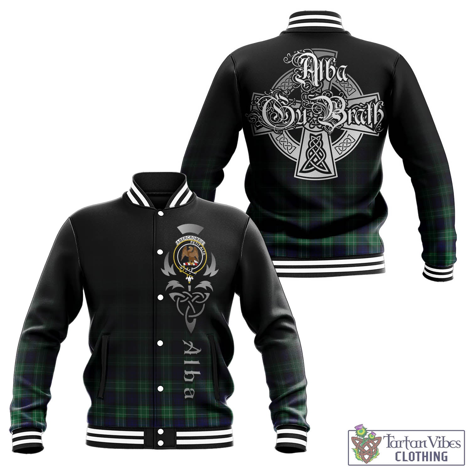 Tartan Vibes Clothing Abercrombie Tartan Baseball Jacket Featuring Alba Gu Brath Family Crest Celtic Inspired