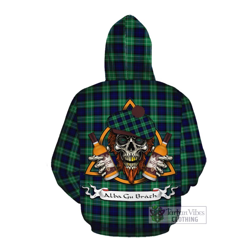 Tartan Vibes Clothing Abercrombie Tartan Cotton Hoodie with Family Crest and Bearded Skull Holding Bottles of Whiskey