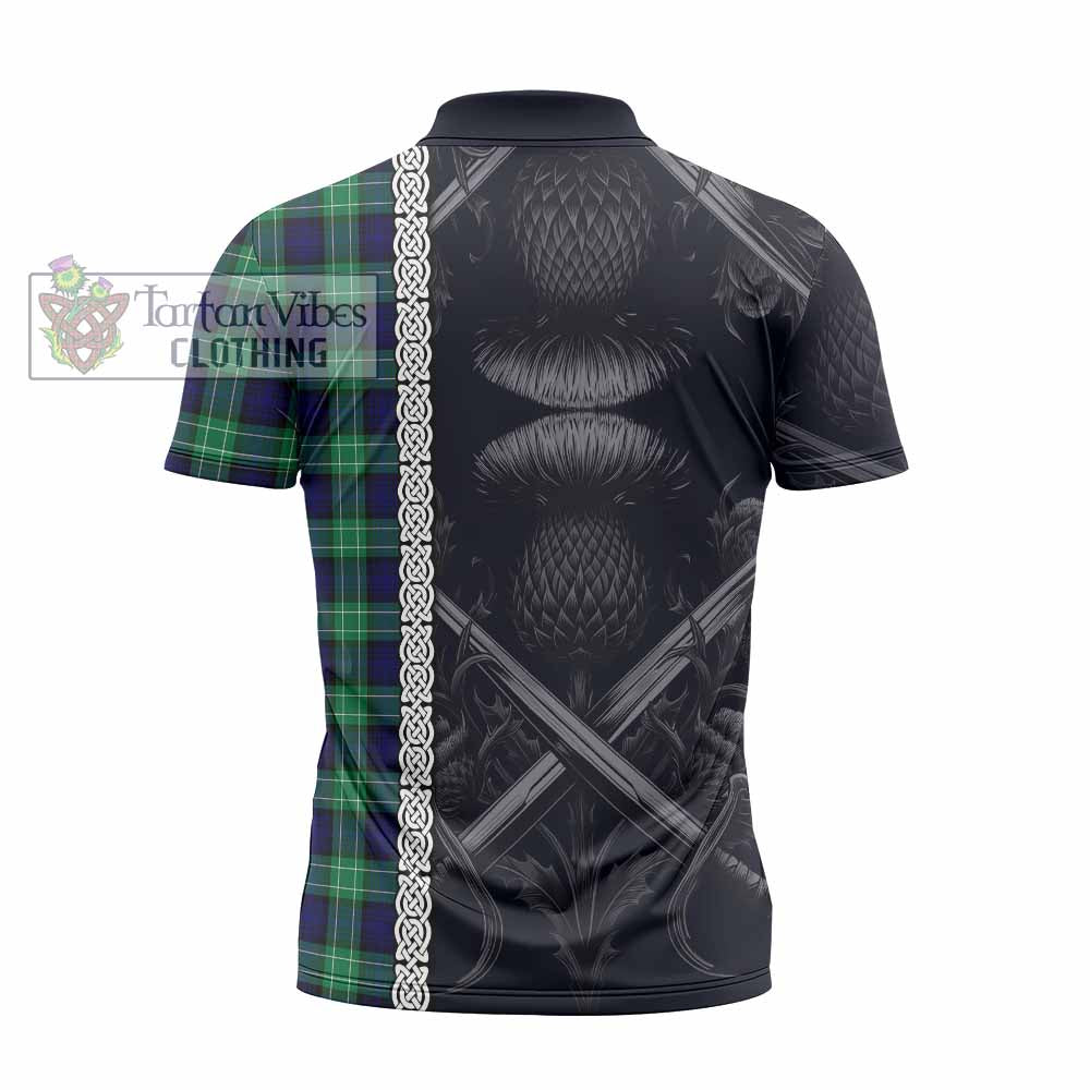 Tartan Vibes Clothing Abercrombie Tartan Zipper Polo Shirt with Family Crest Cross Sword Thistle Celtic Vibes