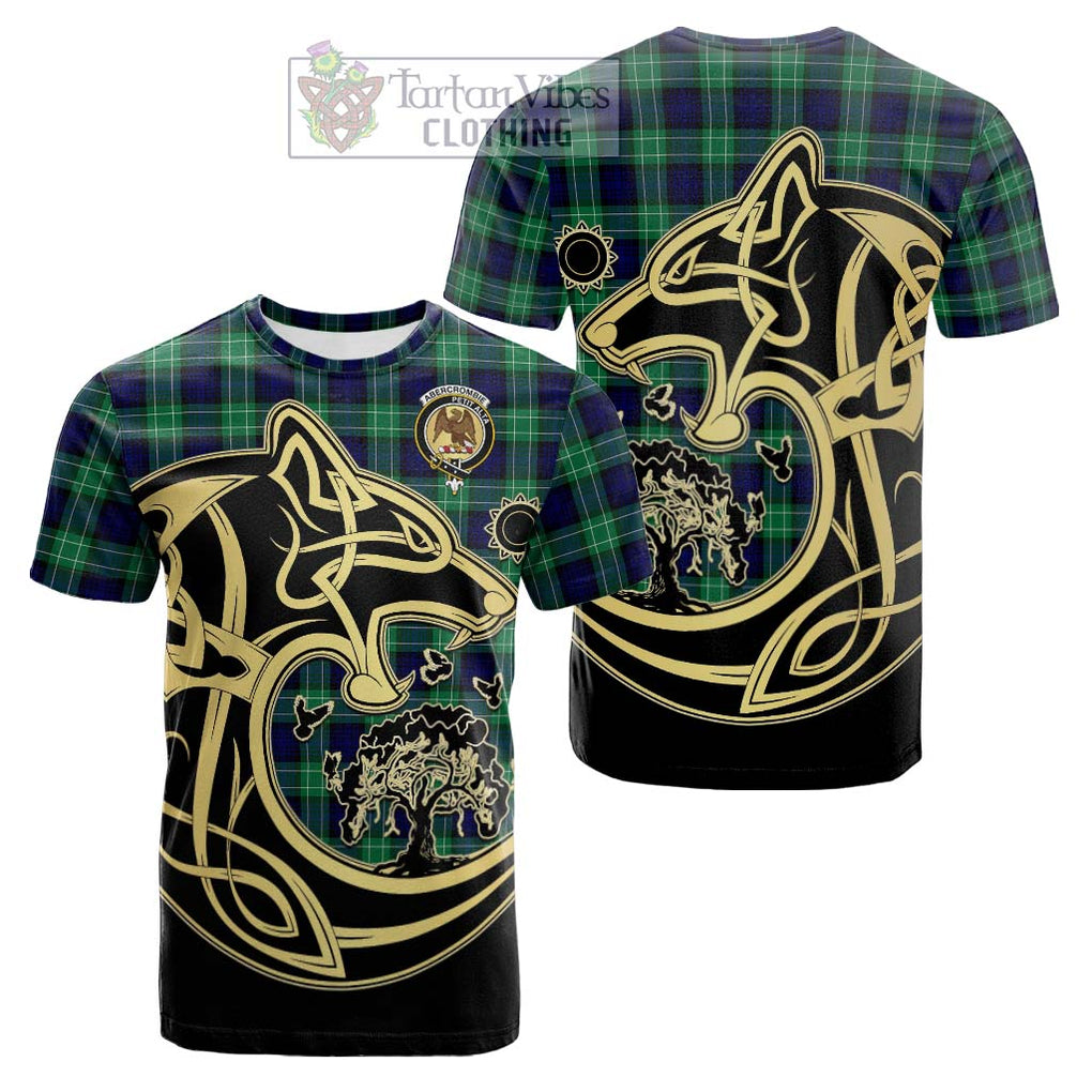 Tartan Vibes Clothing Abercrombie Tartan Cotton T-shirt with Family Crest Celtic Wolf Style