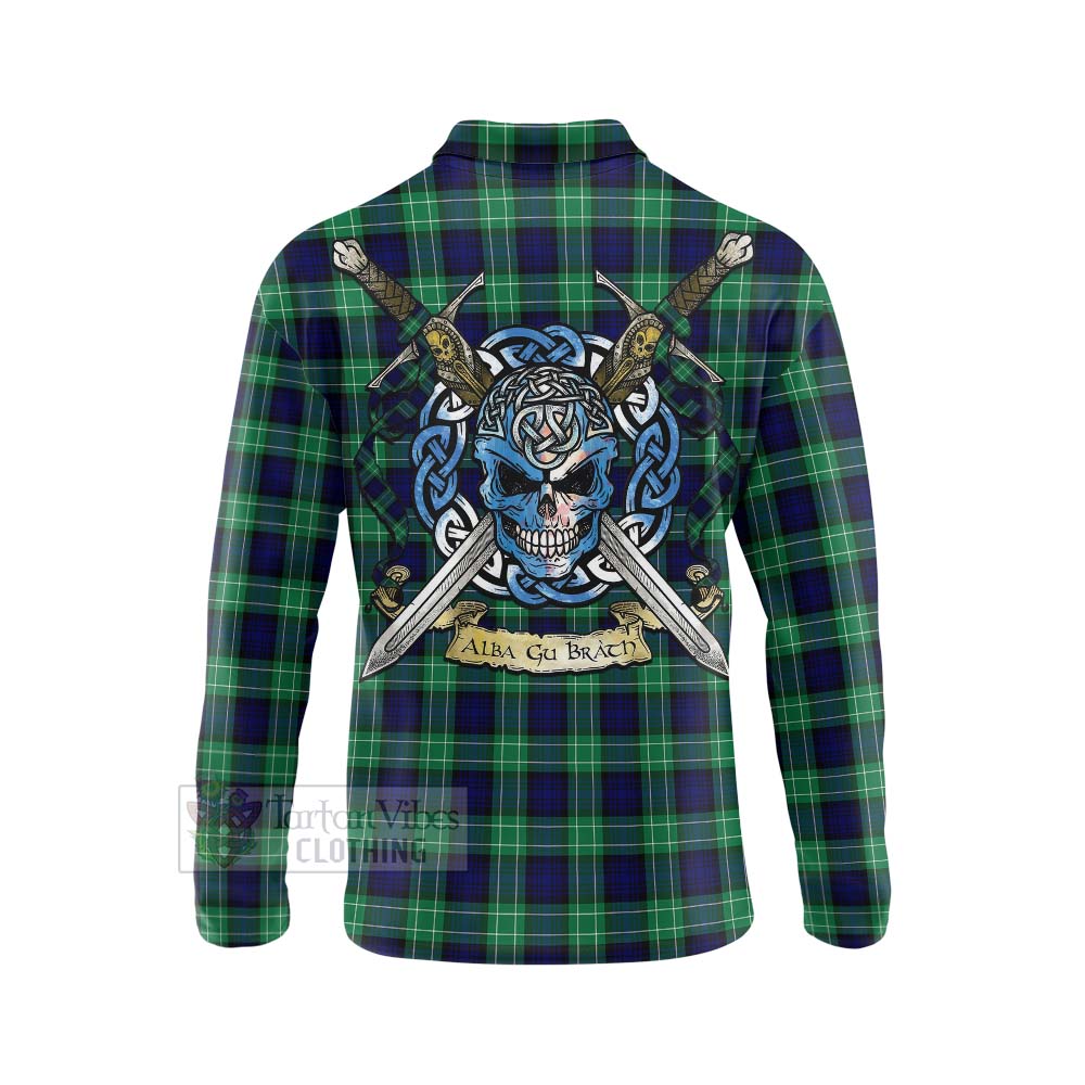 Tartan Vibes Clothing Abercrombie Tartan Long Sleeve Polo Shirt with Family Crest Celtic Skull Style