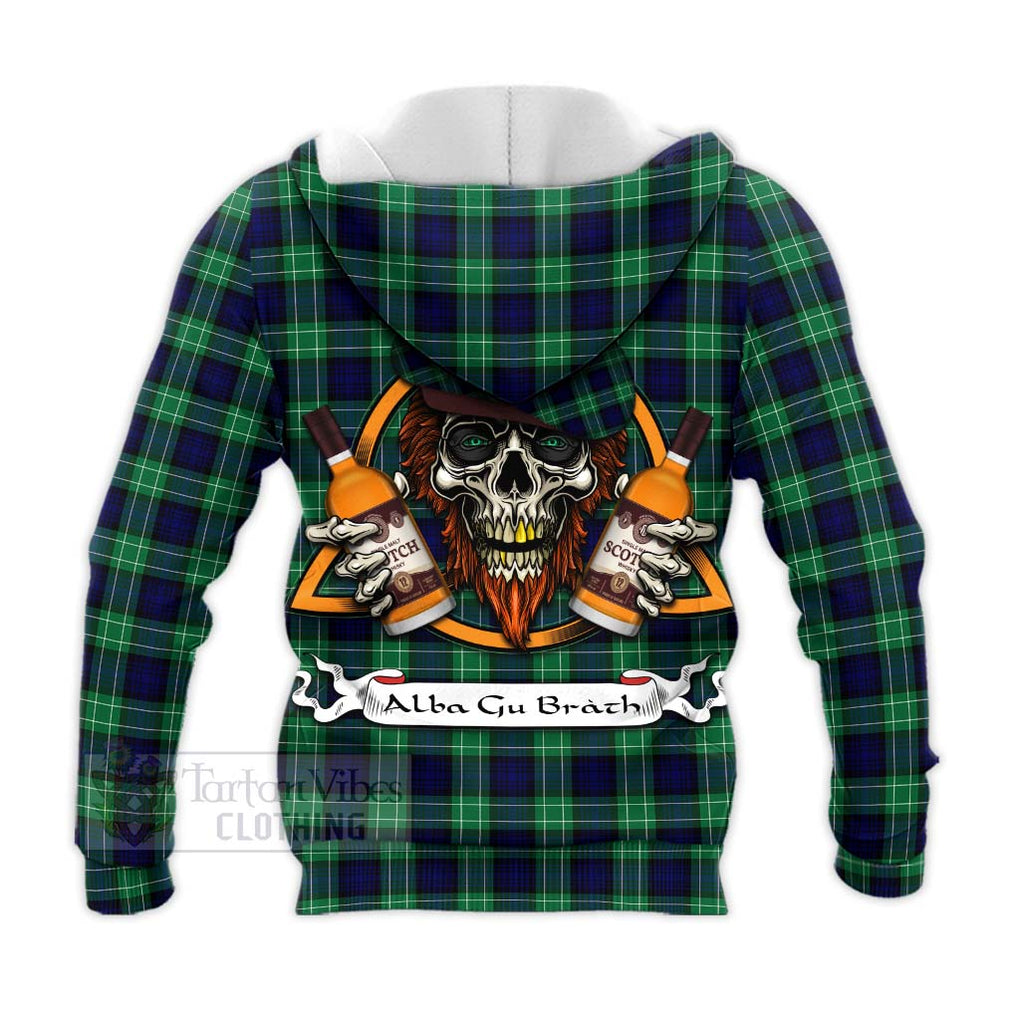 Tartan Vibes Clothing Abercrombie Tartan Knitted Hoodie with Family Crest and Bearded Skull Holding Bottles of Whiskey