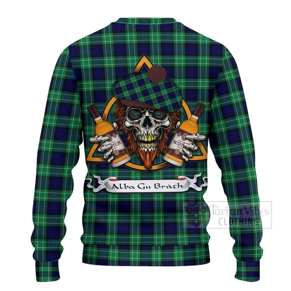 Tartan Vibes Clothing Abercrombie Tartan Knitted Sweater with Family Crest and Bearded Skull Holding Bottles of Whiskey