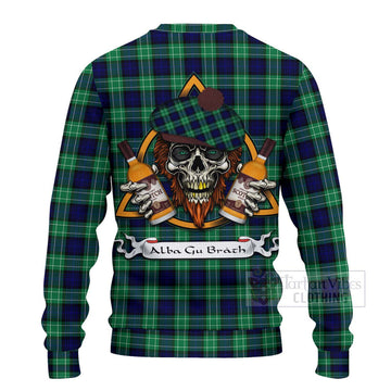 Abercrombie Tartan Ugly Sweater with Family Crest and Bearded Skull Holding Bottles of Whiskey