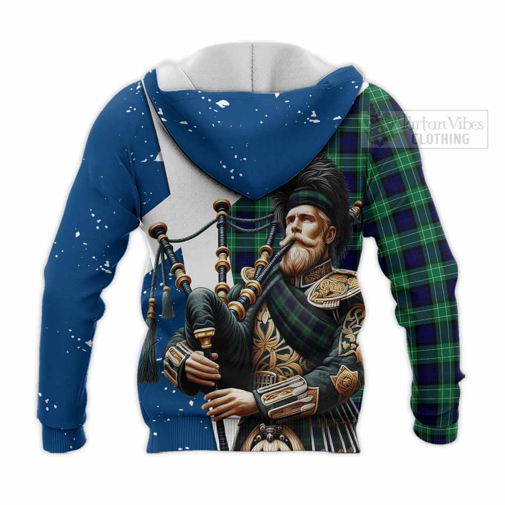 Tartan Vibes Clothing Abercrombie Tartan Knitted Hoodie with Family Crest Scottish Bagpiper Vibes