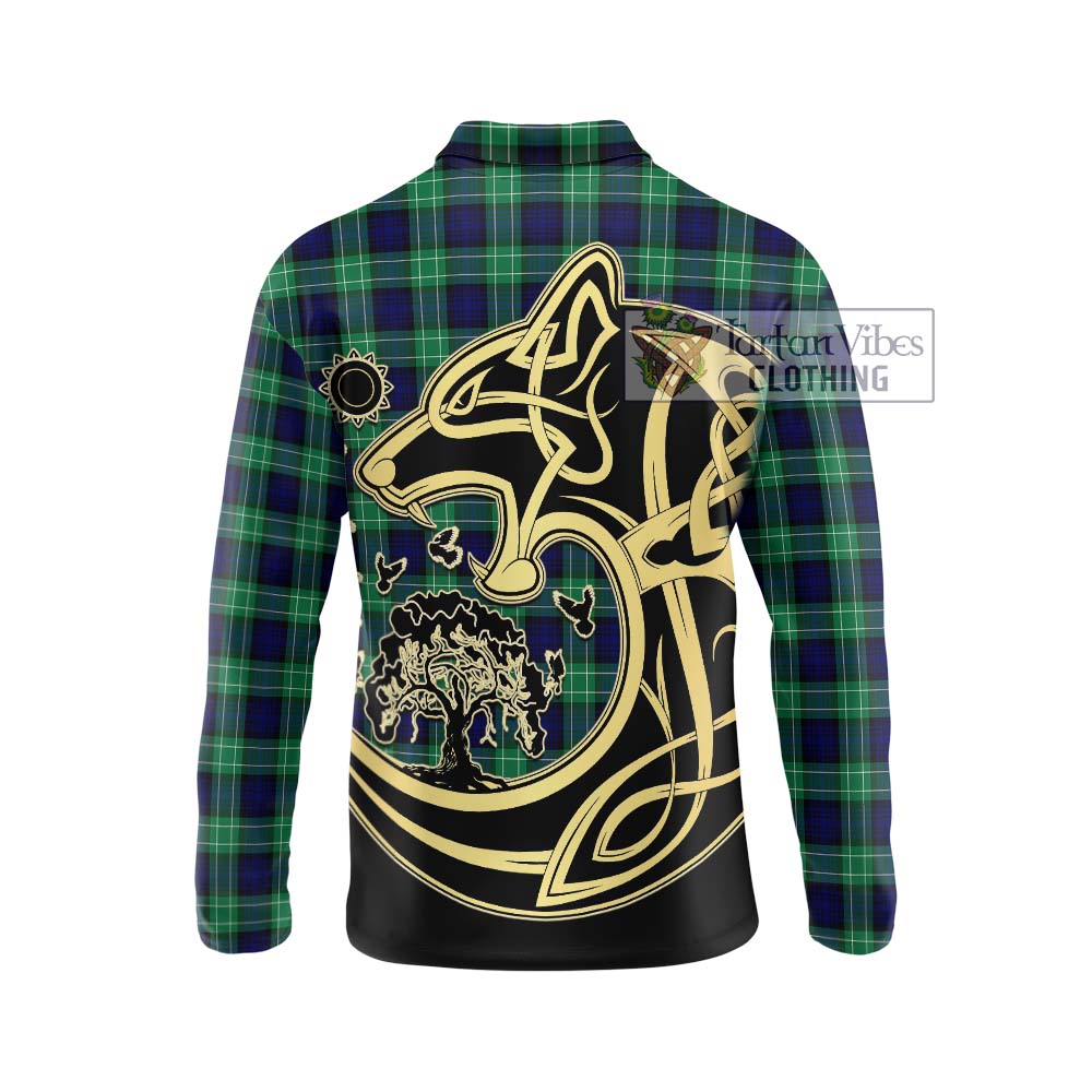 Abercrombie Tartan Long Sleeve Polo Shirt with Family Crest Celtic Wolf Style - Tartanvibesclothing Shop