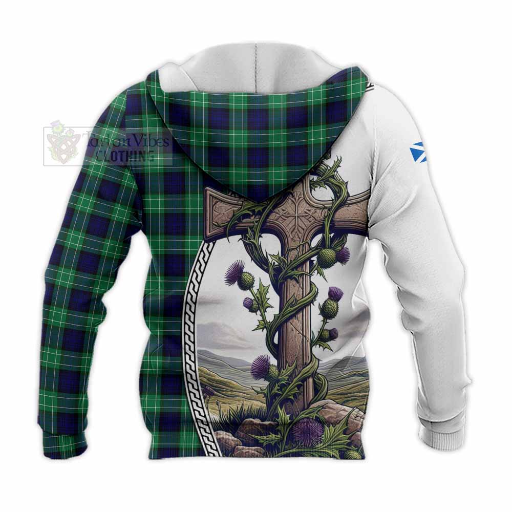 Tartan Vibes Clothing Abercrombie Tartan Knitted Hoodie with Family Crest and St. Andrew's Cross Accented by Thistle Vines