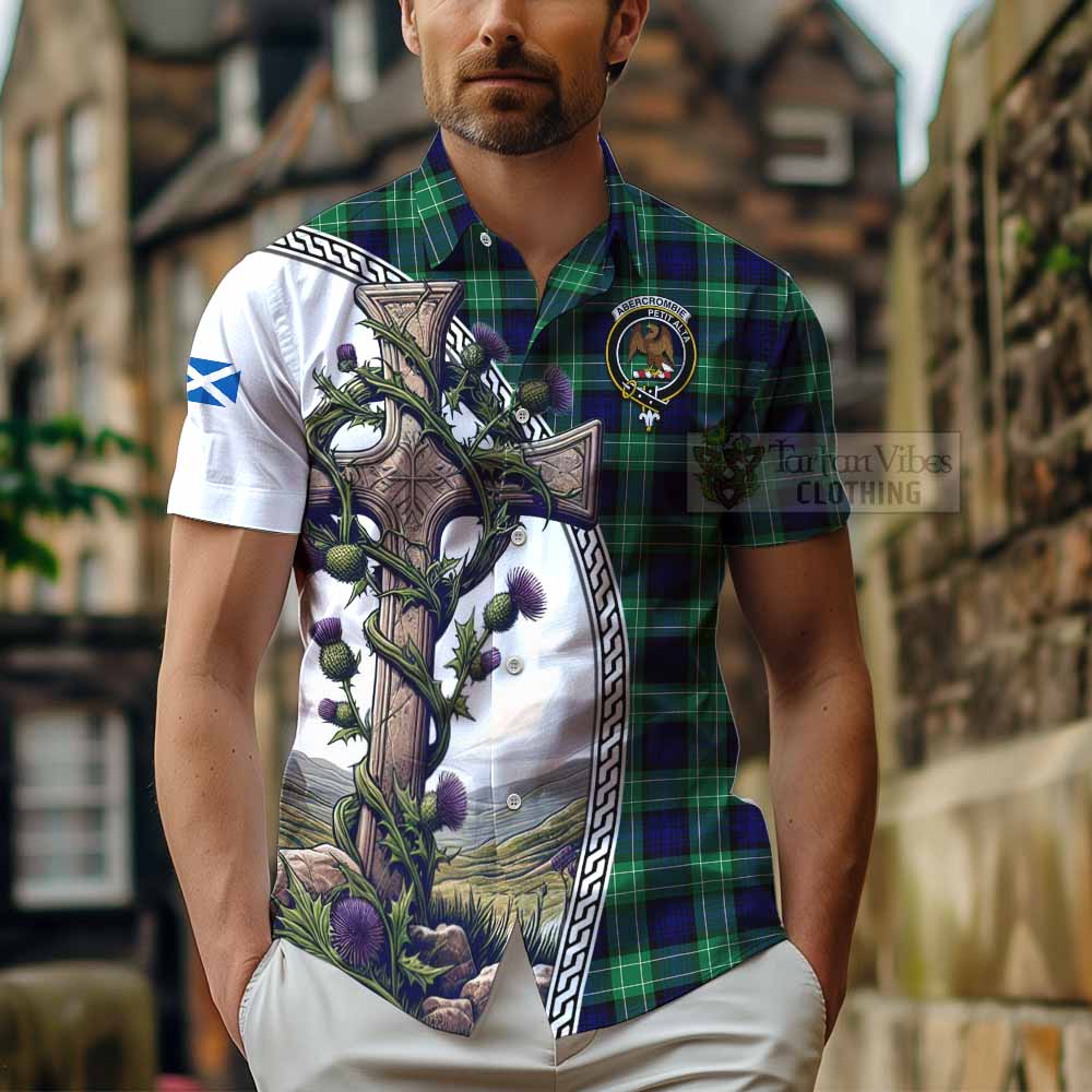 Tartan Vibes Clothing Abercrombie Tartan Short Sleeve Button Shirt with Family Crest and St. Andrew's Cross Accented by Thistle Vines