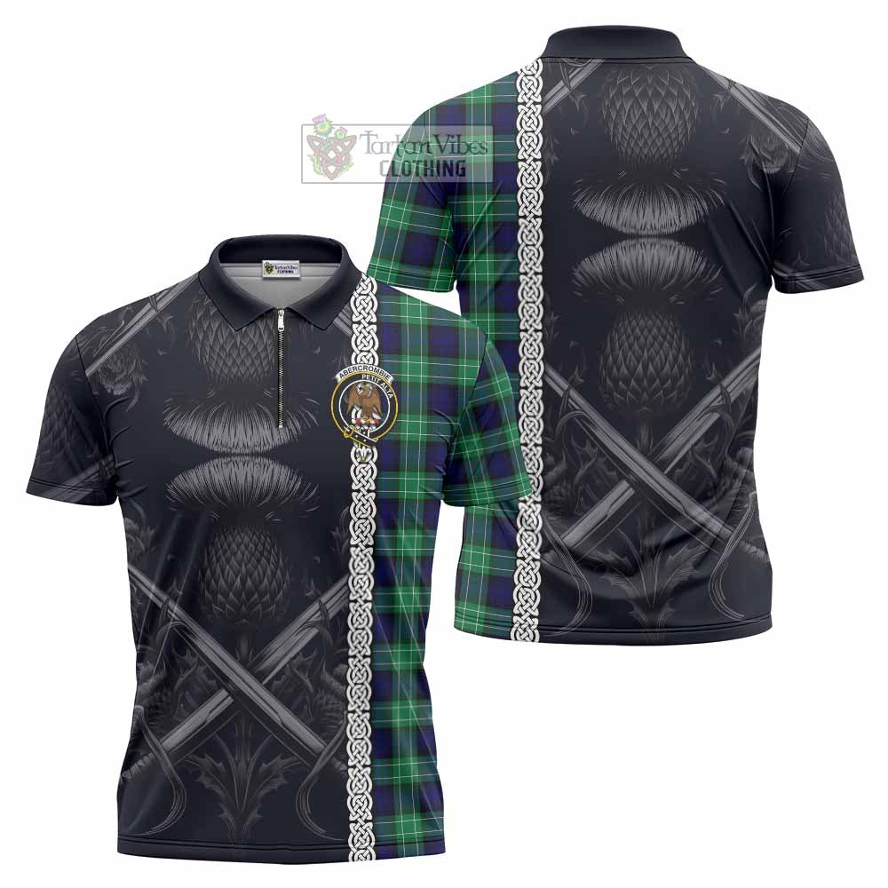 Tartan Vibes Clothing Abercrombie Tartan Zipper Polo Shirt with Family Crest Cross Sword Thistle Celtic Vibes