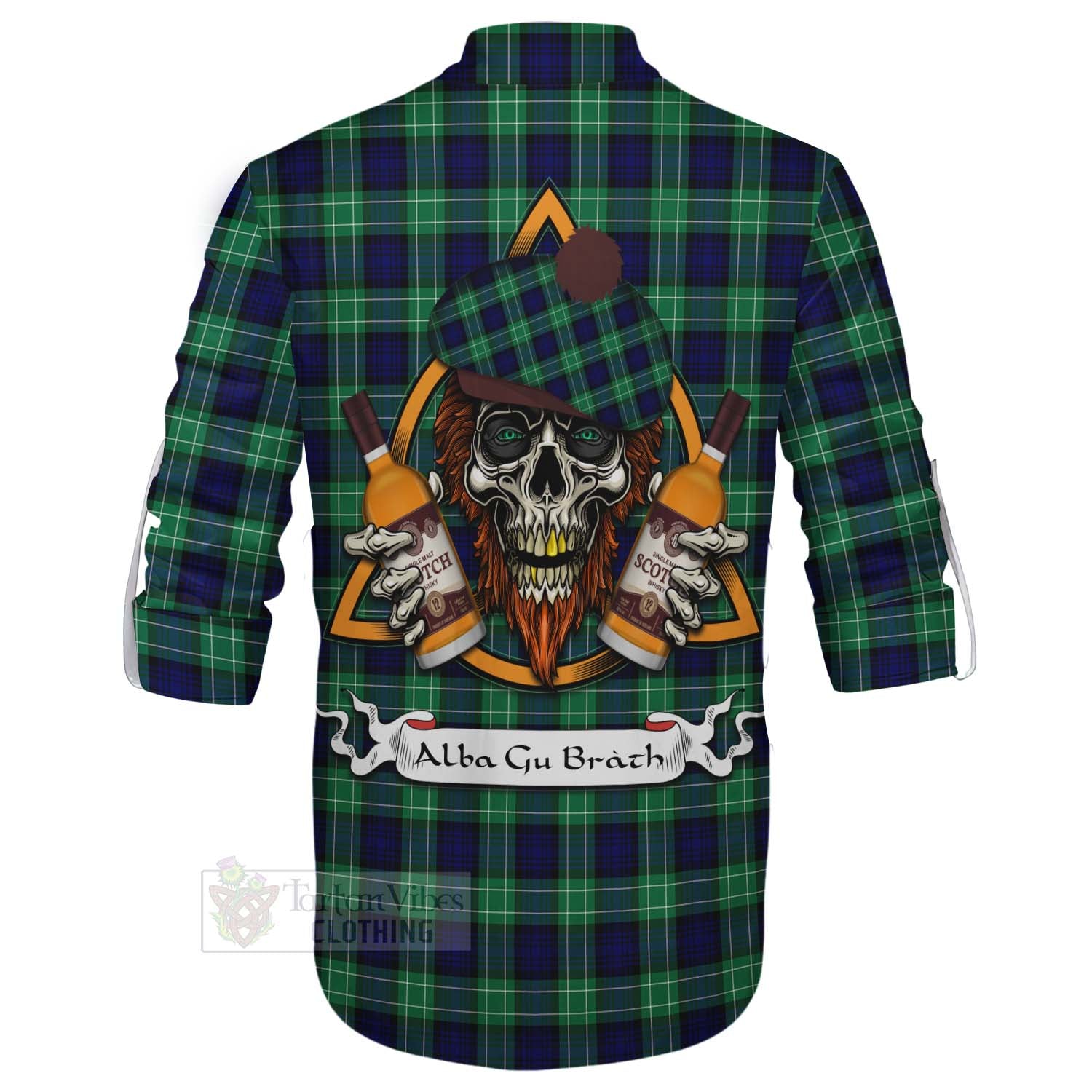 Tartan Vibes Clothing Abercrombie Tartan Ghillie Kilt Shirt with Family Crest and Bearded Skull Holding Bottles of Whiskey