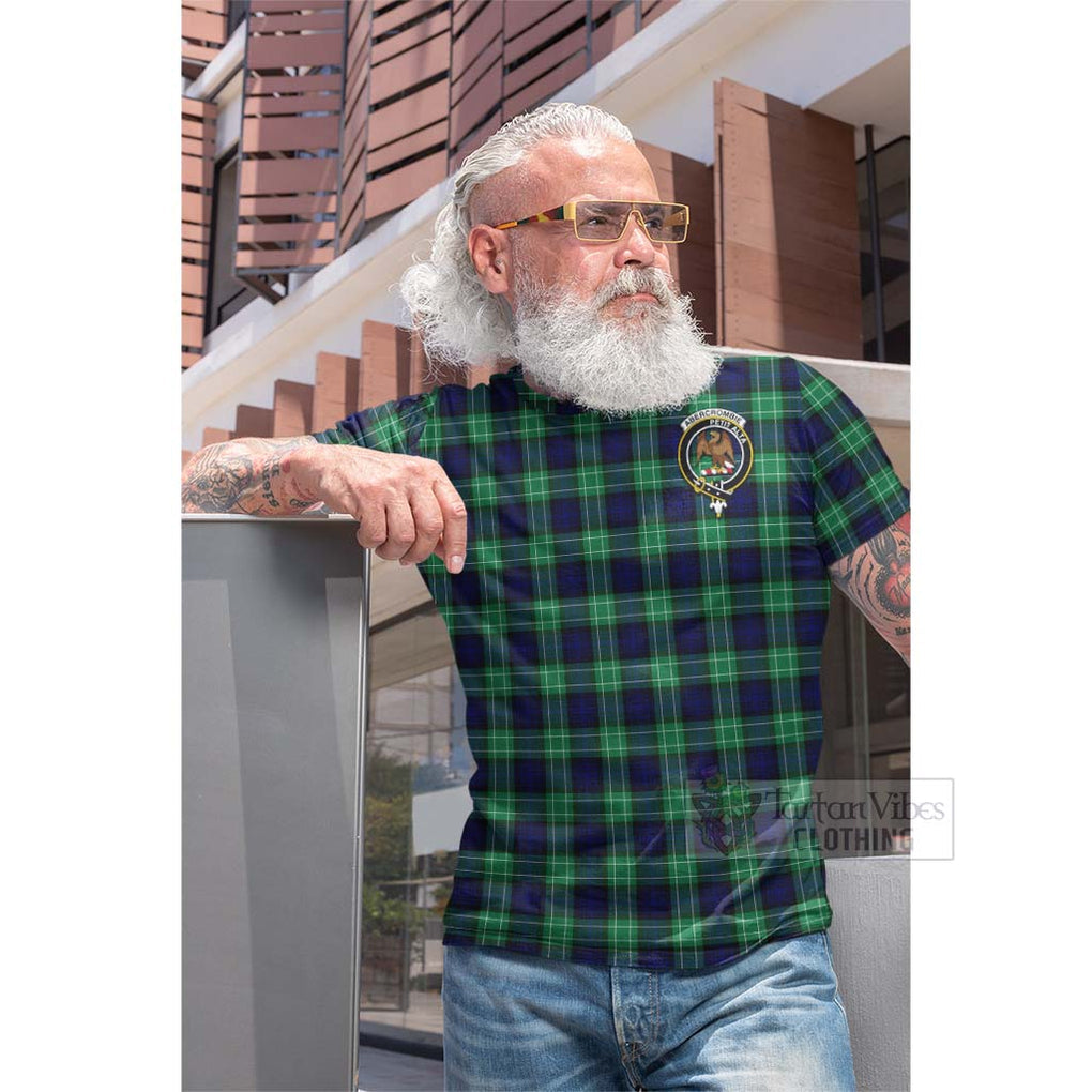 Tartan Vibes Clothing Abercrombie Tartan Cotton T-shirt with Family Crest and Bearded Skull Holding Bottles of Whiskey