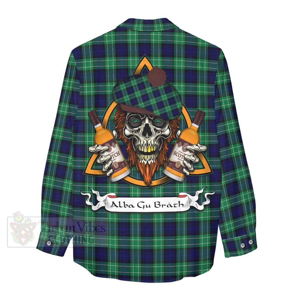 Tartan Vibes Clothing Abercrombie Tartan Women's Casual Shirt with Family Crest and Bearded Skull Holding Bottles of Whiskey