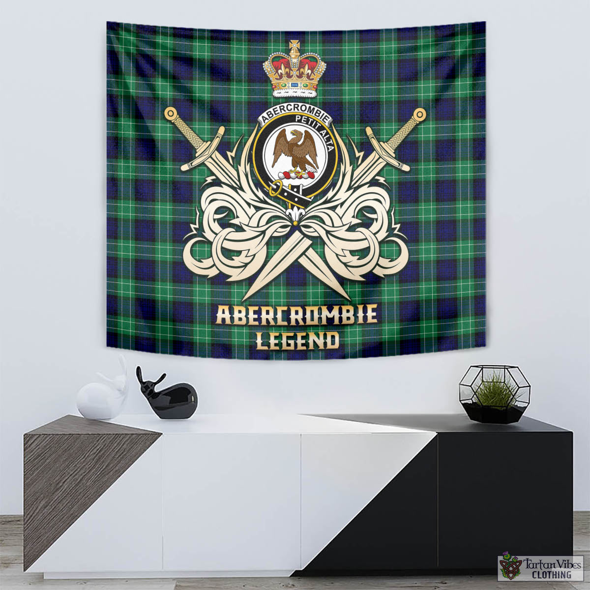 Tartan Vibes Clothing Abercrombie Tartan Tapestry with Clan Crest and the Golden Sword of Courageous Legacy