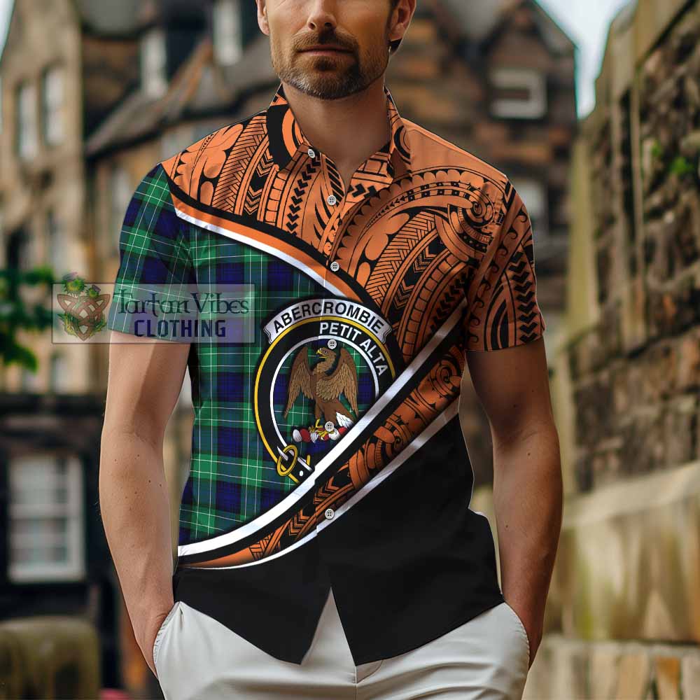 Tartan Vibes Clothing Abercrombie Crest Tartan Short Sleeve Button Shirt with Maori Tattoo Style - Orange Version