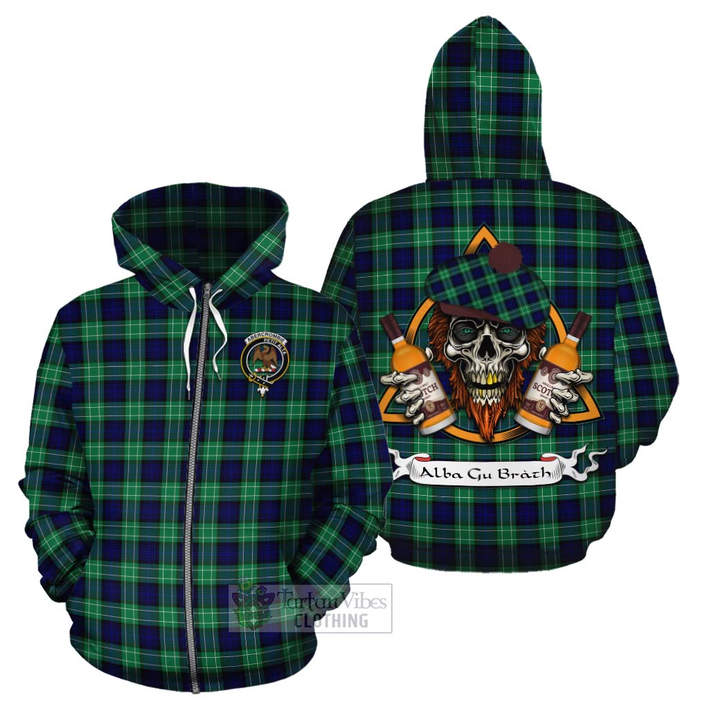 Tartan Vibes Clothing Abercrombie Tartan Cotton Hoodie with Family Crest and Bearded Skull Holding Bottles of Whiskey