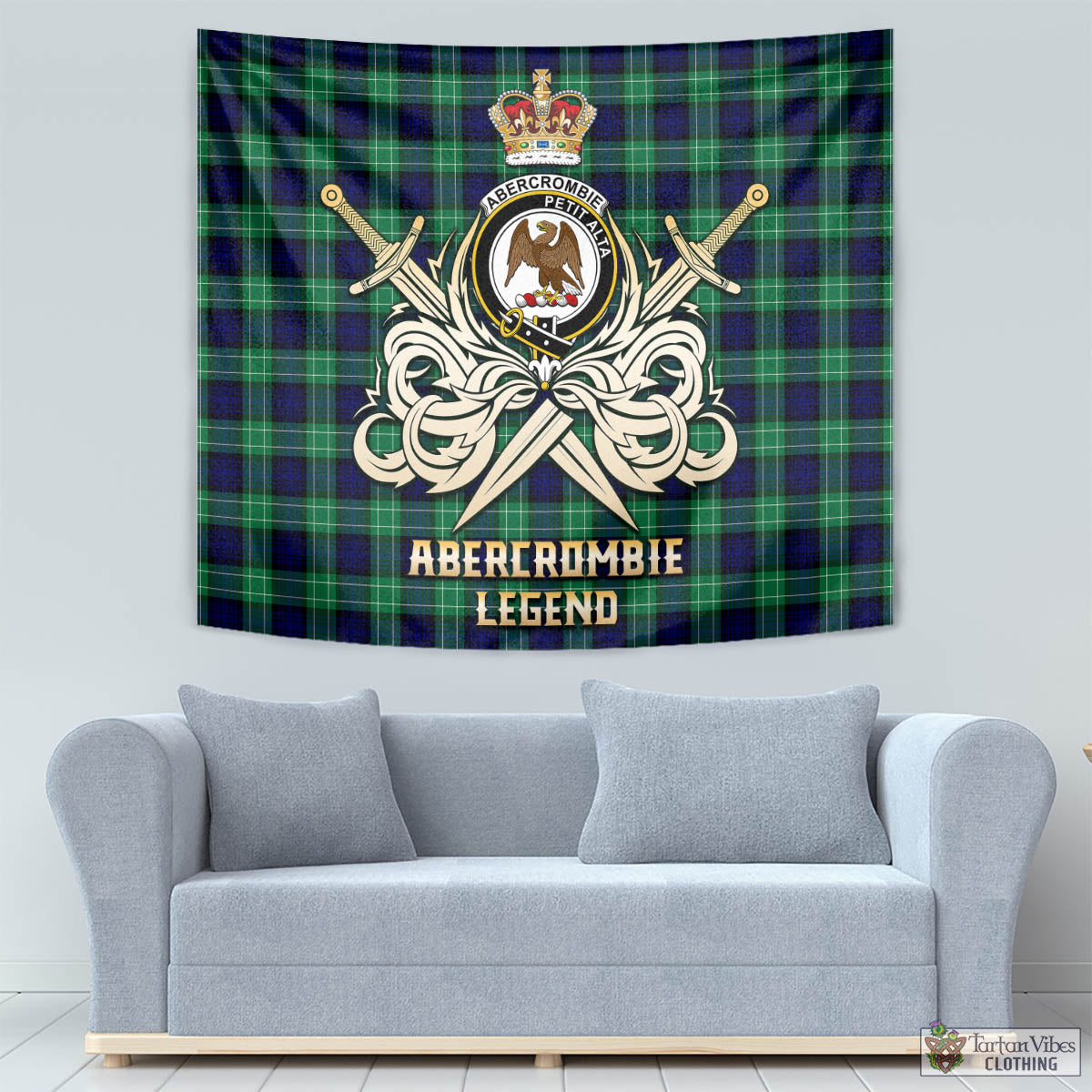 Tartan Vibes Clothing Abercrombie Tartan Tapestry with Clan Crest and the Golden Sword of Courageous Legacy