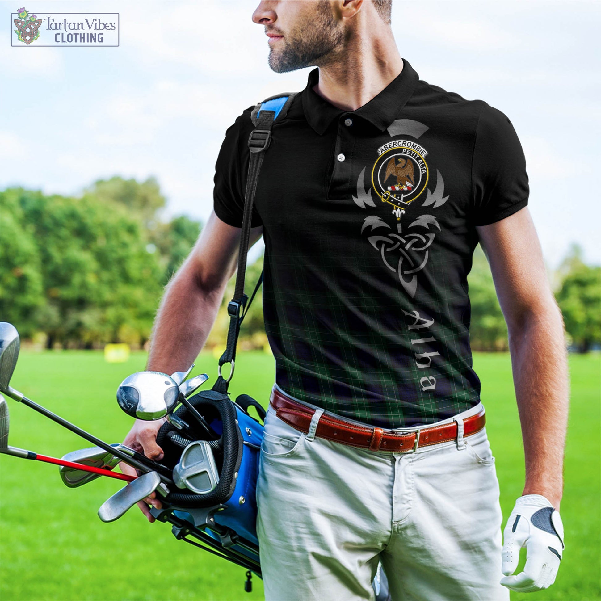 Tartan Vibes Clothing Abercrombie Tartan Polo Shirt Featuring Alba Gu Brath Family Crest Celtic Inspired