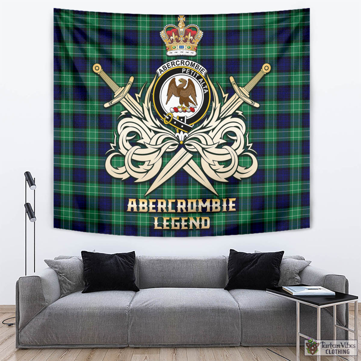 Tartan Vibes Clothing Abercrombie Tartan Tapestry with Clan Crest and the Golden Sword of Courageous Legacy