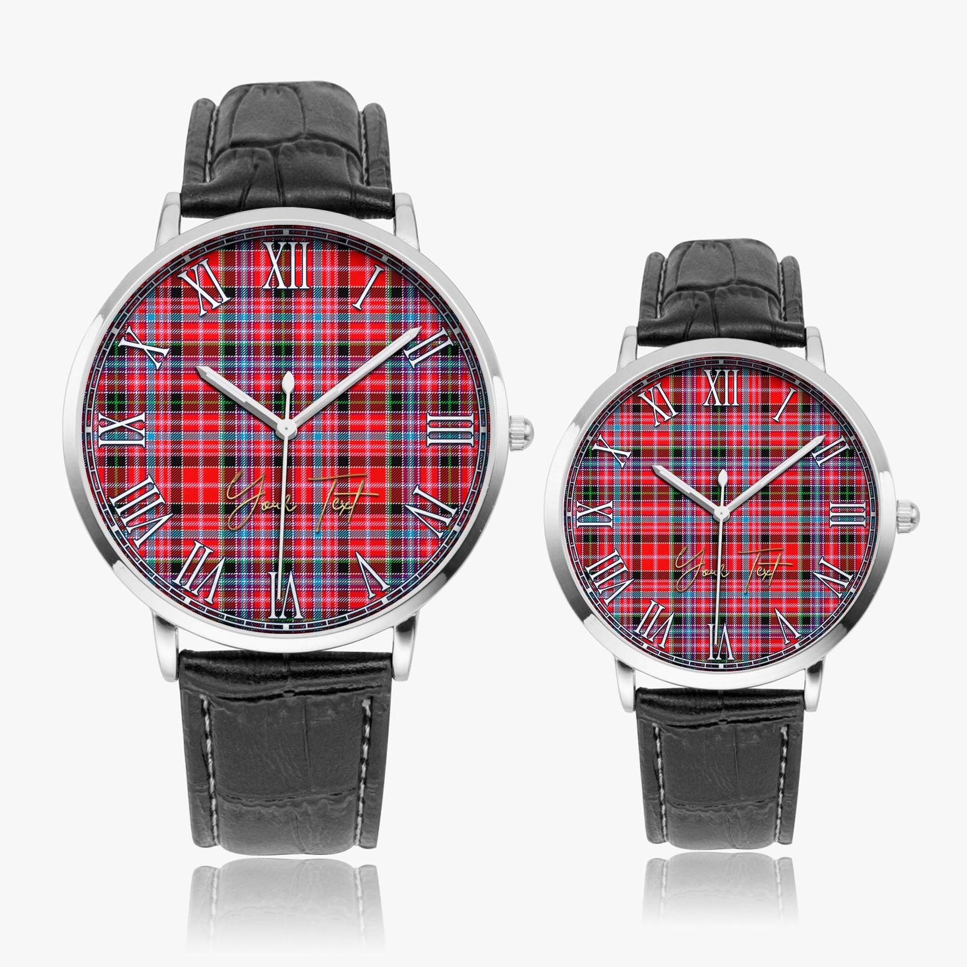 Aberdeen District Tartan Personalized Your Text Leather Trap Quartz Watch Ultra Thin Silver Case With Black Leather Strap - Tartanvibesclothing