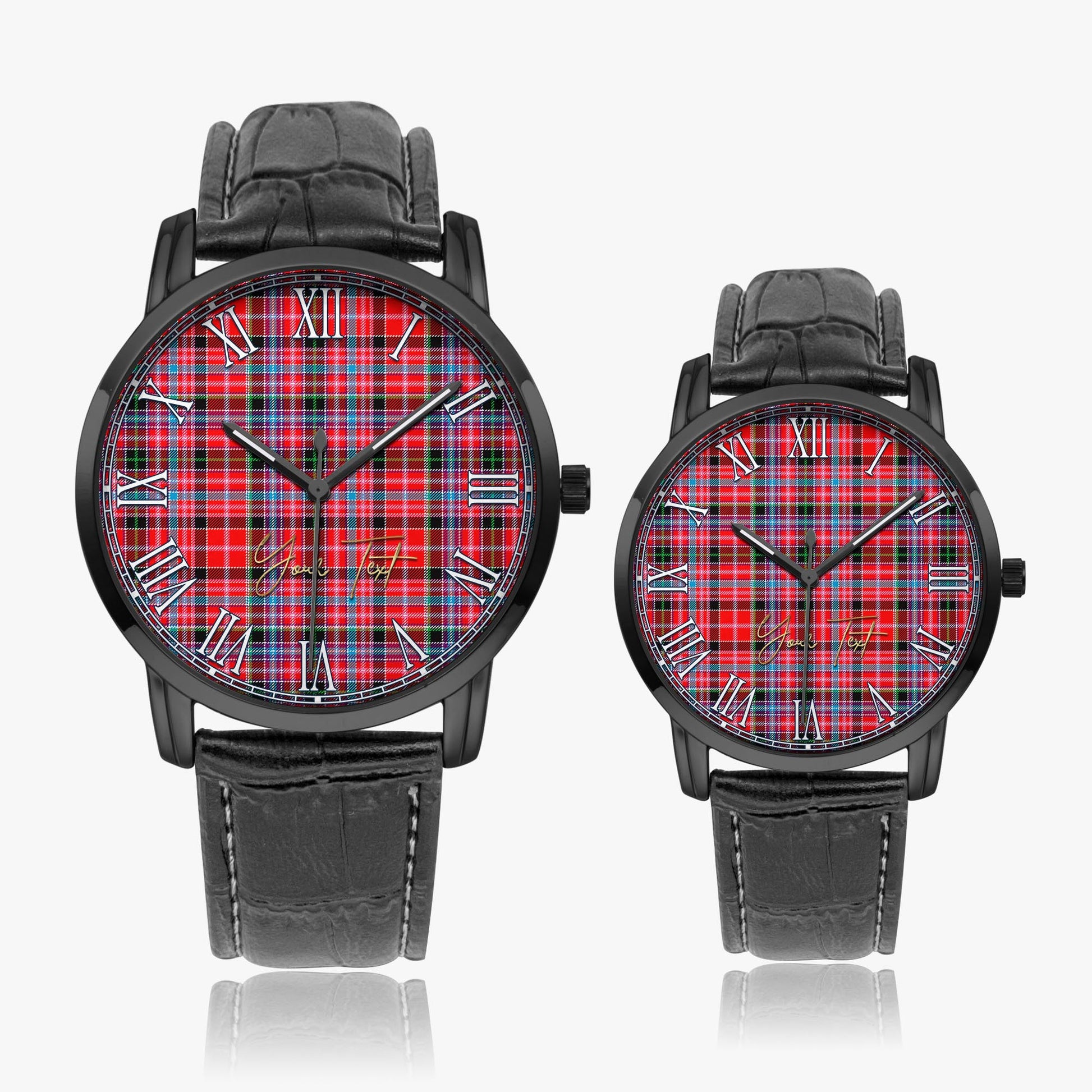 Aberdeen District Tartan Personalized Your Text Leather Trap Quartz Watch Wide Type Black Case With Black Leather Strap - Tartanvibesclothing