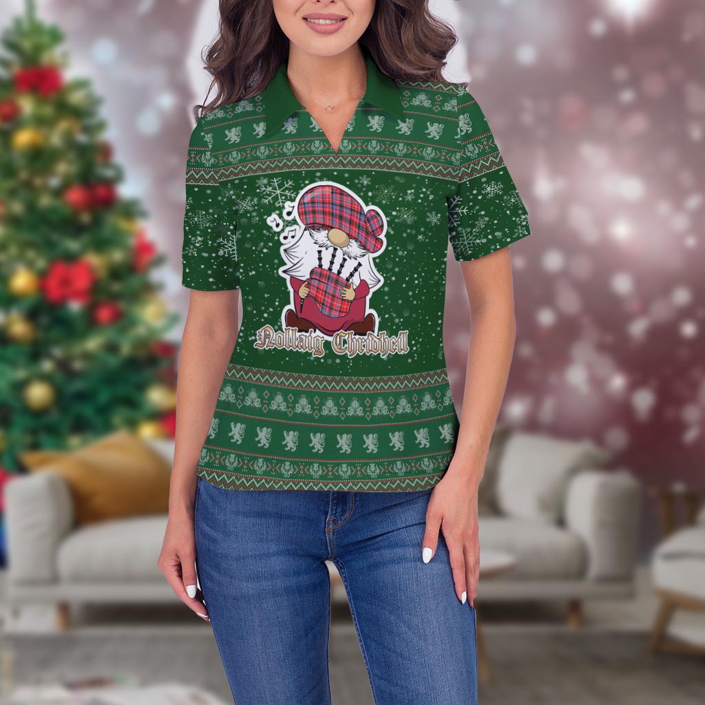 Aberdeen District Clan Christmas Family Polo Shirt with Funny Gnome Playing Bagpipes Women's Polo Shirt Green - Tartanvibesclothing