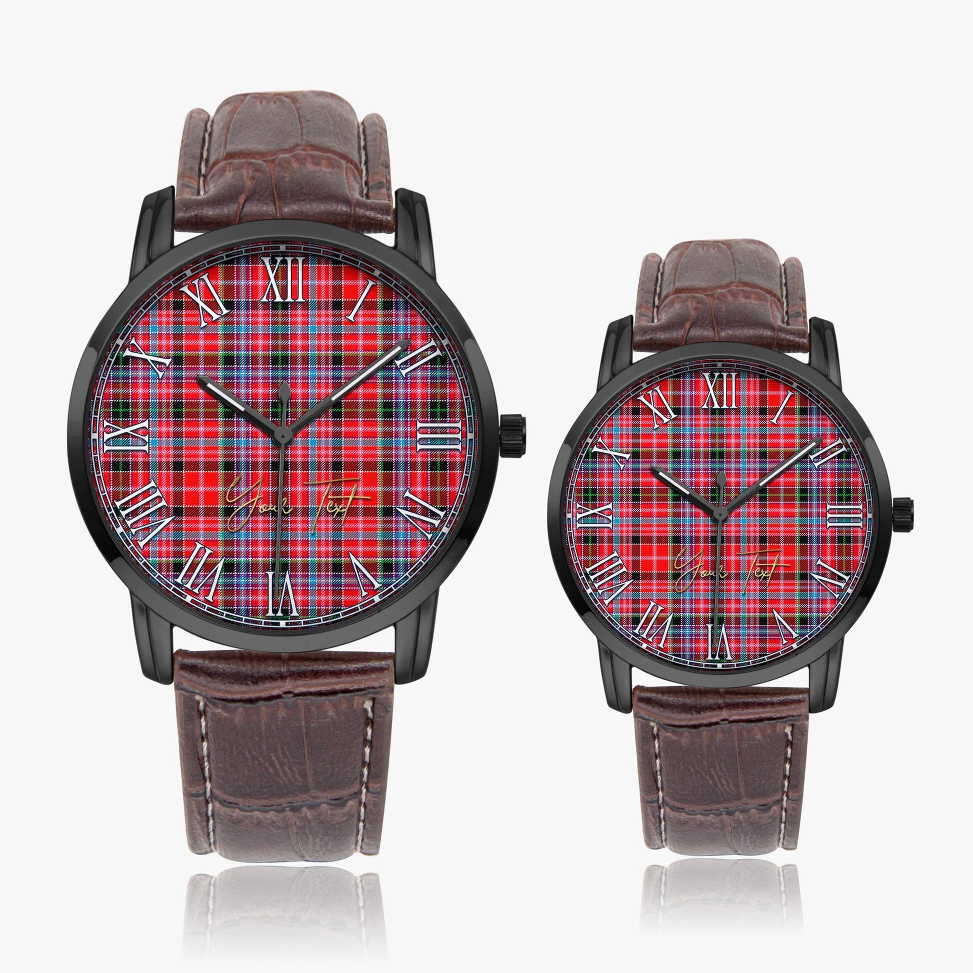 Aberdeen District Tartan Personalized Your Text Leather Trap Quartz Watch Wide Type Black Case With Brown Leather Strap - Tartanvibesclothing