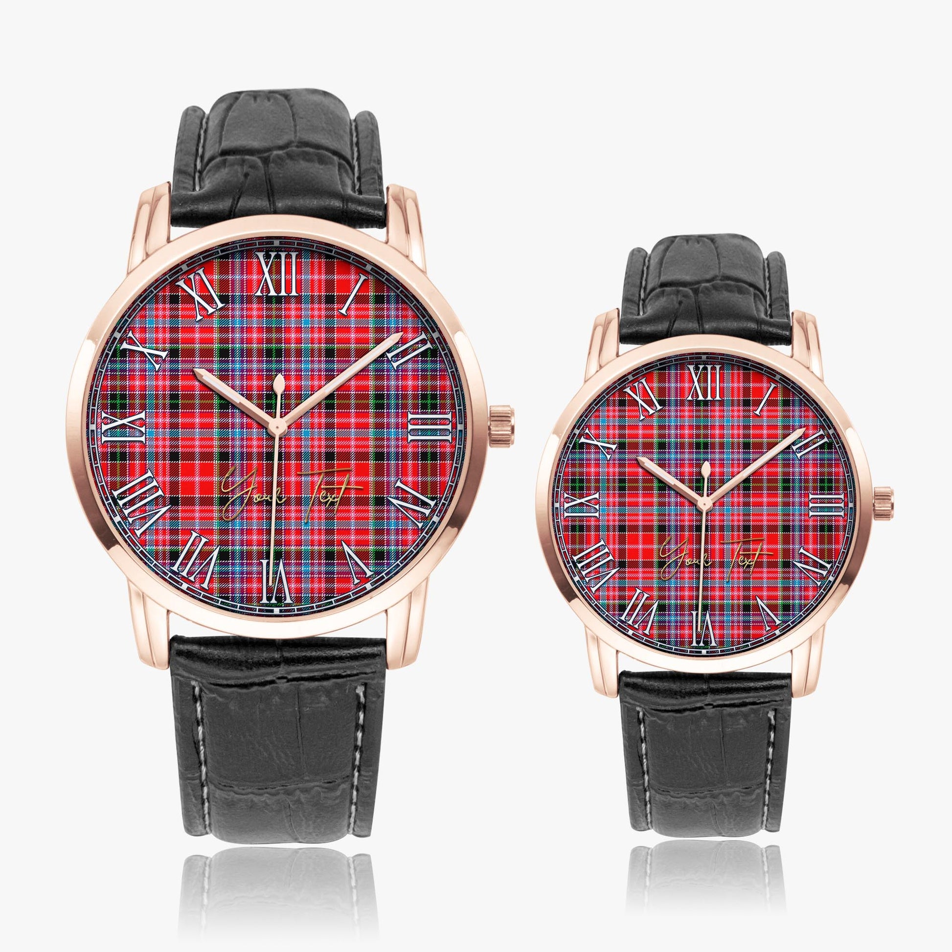 Aberdeen District Tartan Personalized Your Text Leather Trap Quartz Watch Wide Type Rose Gold Case With Black Leather Strap - Tartanvibesclothing