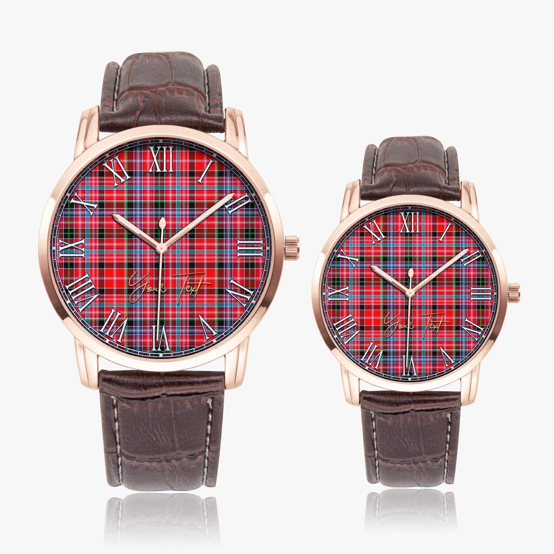 Aberdeen District Tartan Personalized Your Text Leather Trap Quartz Watch Wide Type Rose Gold Case With Brown Leather Strap - Tartanvibesclothing